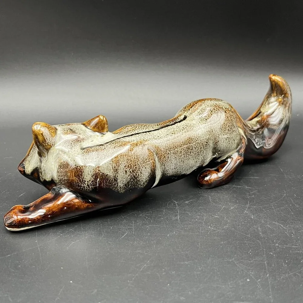 Vintage Art Pottery Fox Figurine Brown Drip Glaze Handcrafted Ceramic Sculpture - Picture 7 of 12